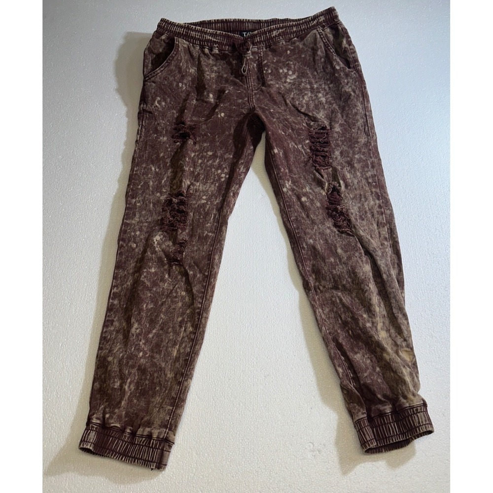Thrill Jeans XL Kids Burgundy Acid Wash Distressed Jogger Pants Bleach Splatter